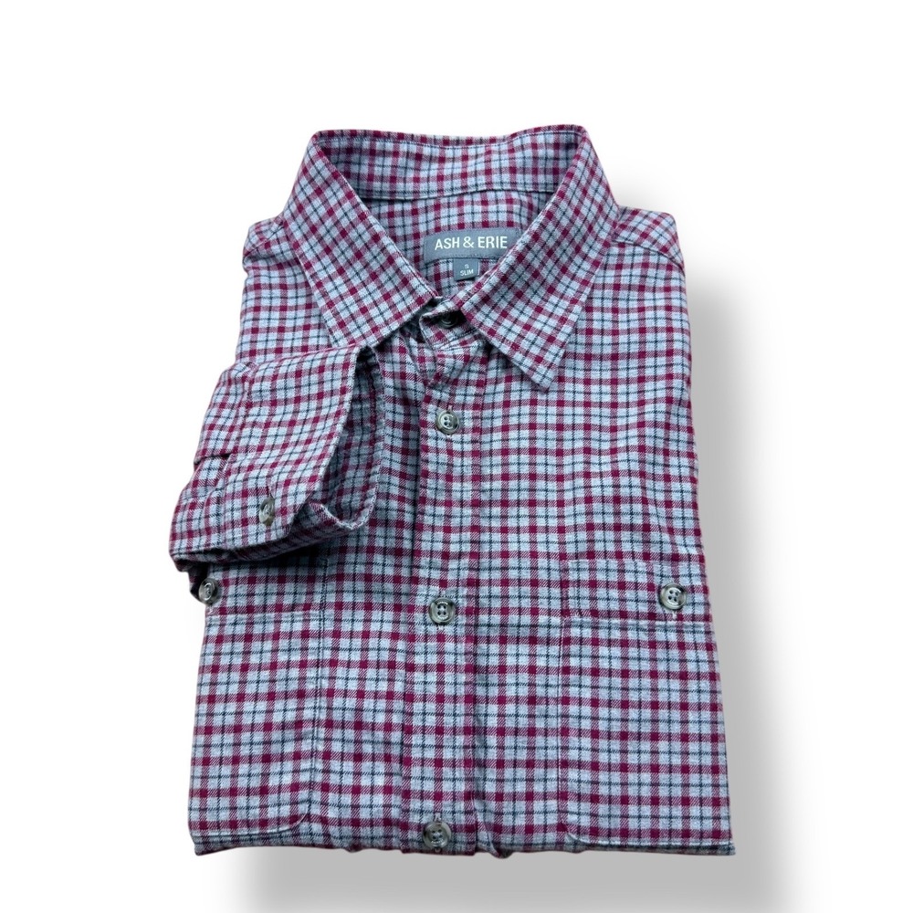 ASH & ERIE Mens Slim Fit Plaid Button Down Shirt Long Sleeve Burgundy Gray Small